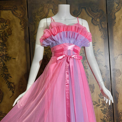 vintage nightgown slip dress, VANITY FAIR 1950s pink and purple sheer chiffon ruffles Grecian goddess gown