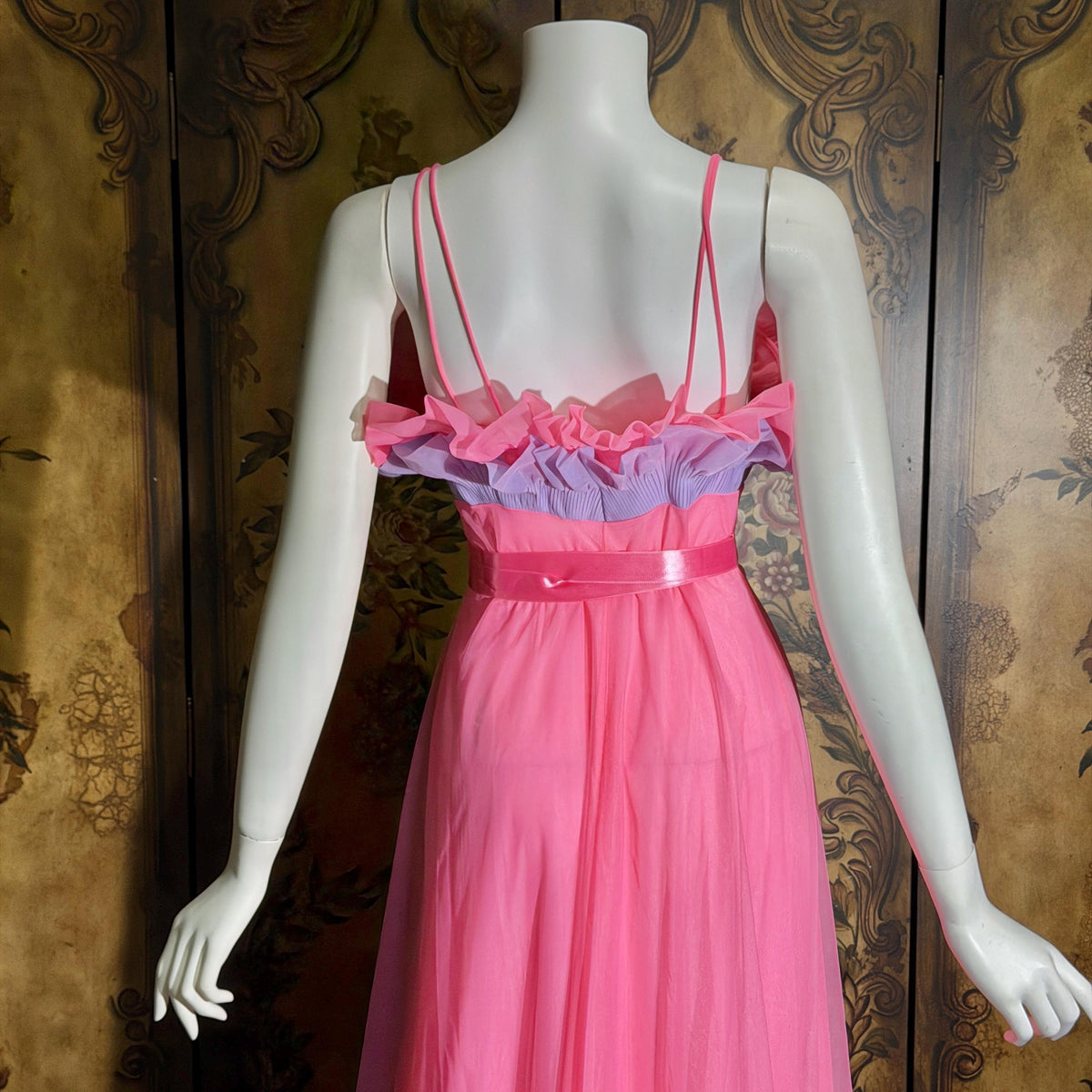 vintage nightgown slip dress, VANITY FAIR 1950s pink and purple sheer chiffon ruffles Grecian goddess gown