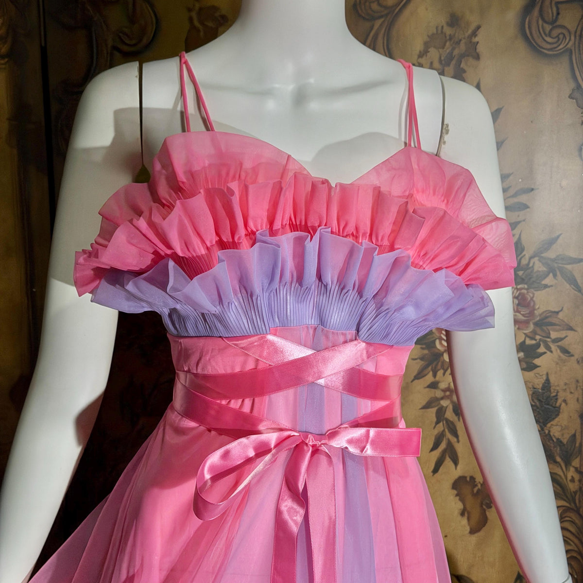 vintage nightgown slip dress, VANITY FAIR 1950s pink and purple sheer chiffon ruffles Grecian goddess gown