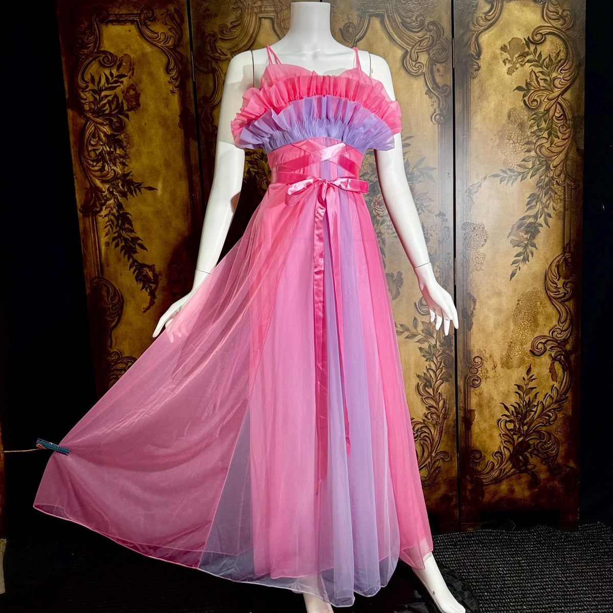 vintage nightgown slip dress, VANITY FAIR 1950s pink and purple sheer chiffon ruffles Grecian goddess gown