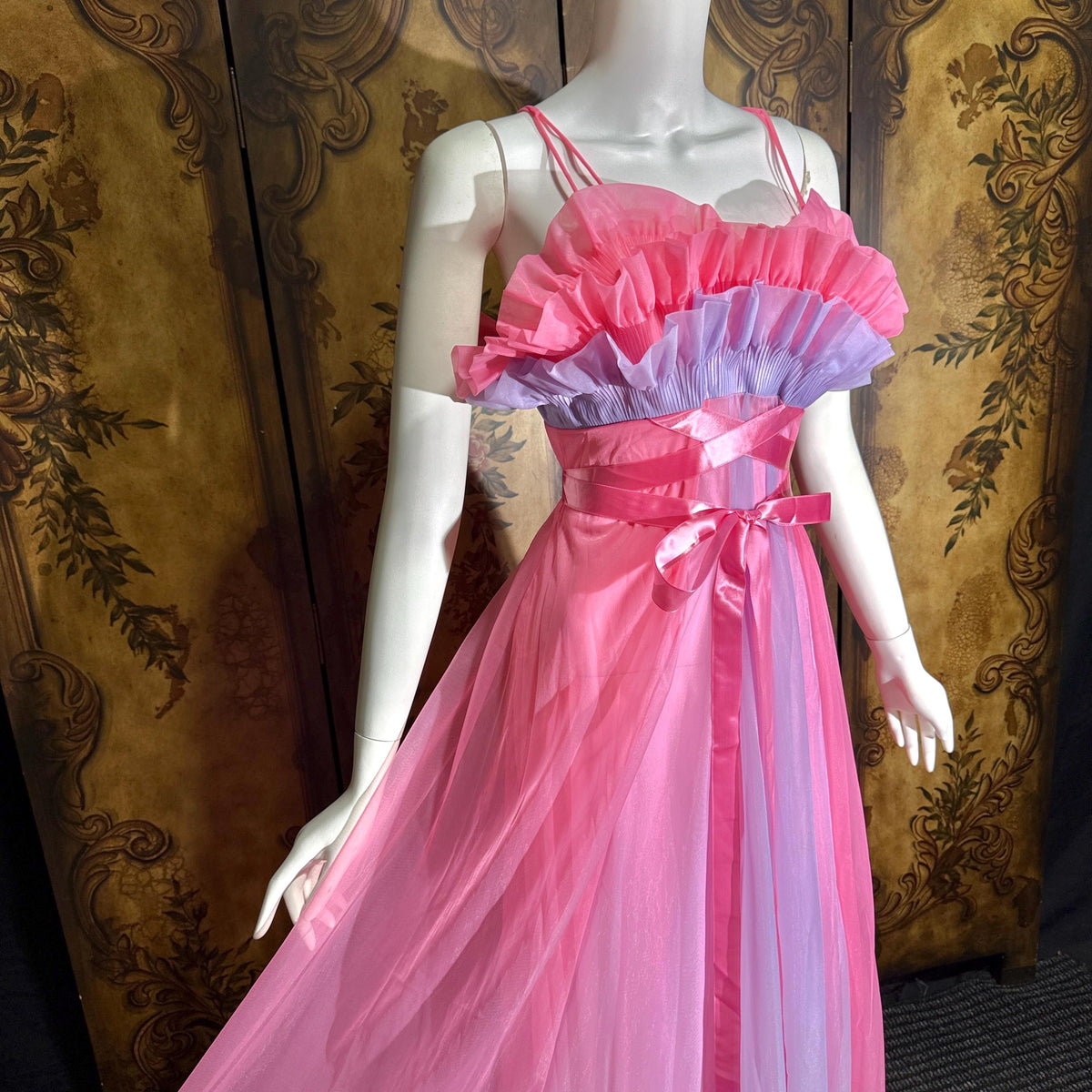 vintage nightgown slip dress, VANITY FAIR 1950s pink and purple sheer chiffon ruffles Grecian goddess gown