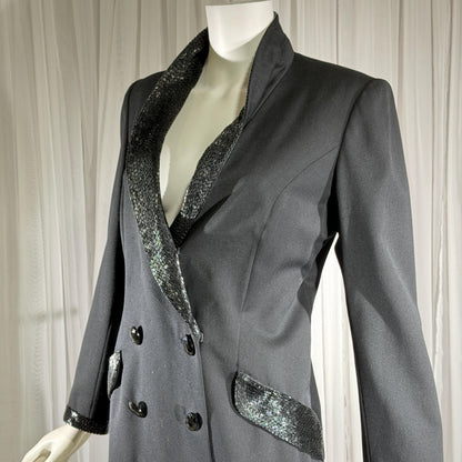 vintage BOB MACKIE coat dress, 1970s black double breasted beaded evening dinner coat