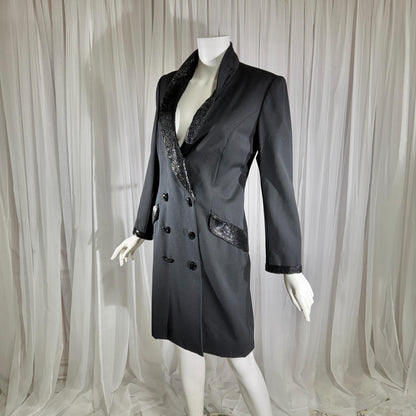 vintage BOB MACKIE coat dress, 1970s black double breasted beaded evening dinner coat