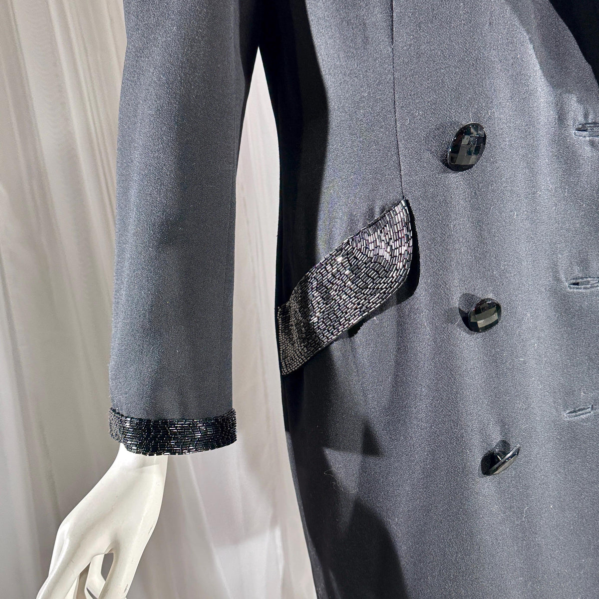 vintage BOB MACKIE coat dress, 1970s black double breasted beaded evening dinner coat