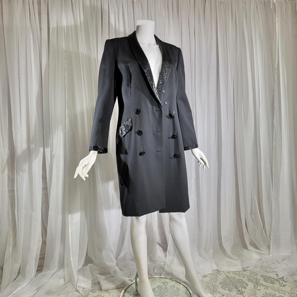 vintage BOB MACKIE coat dress, 1970s black double breasted beaded evening dinner coat
