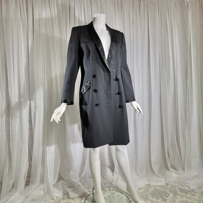vintage BOB MACKIE coat dress, 1970s black double breasted beaded evening dinner coat