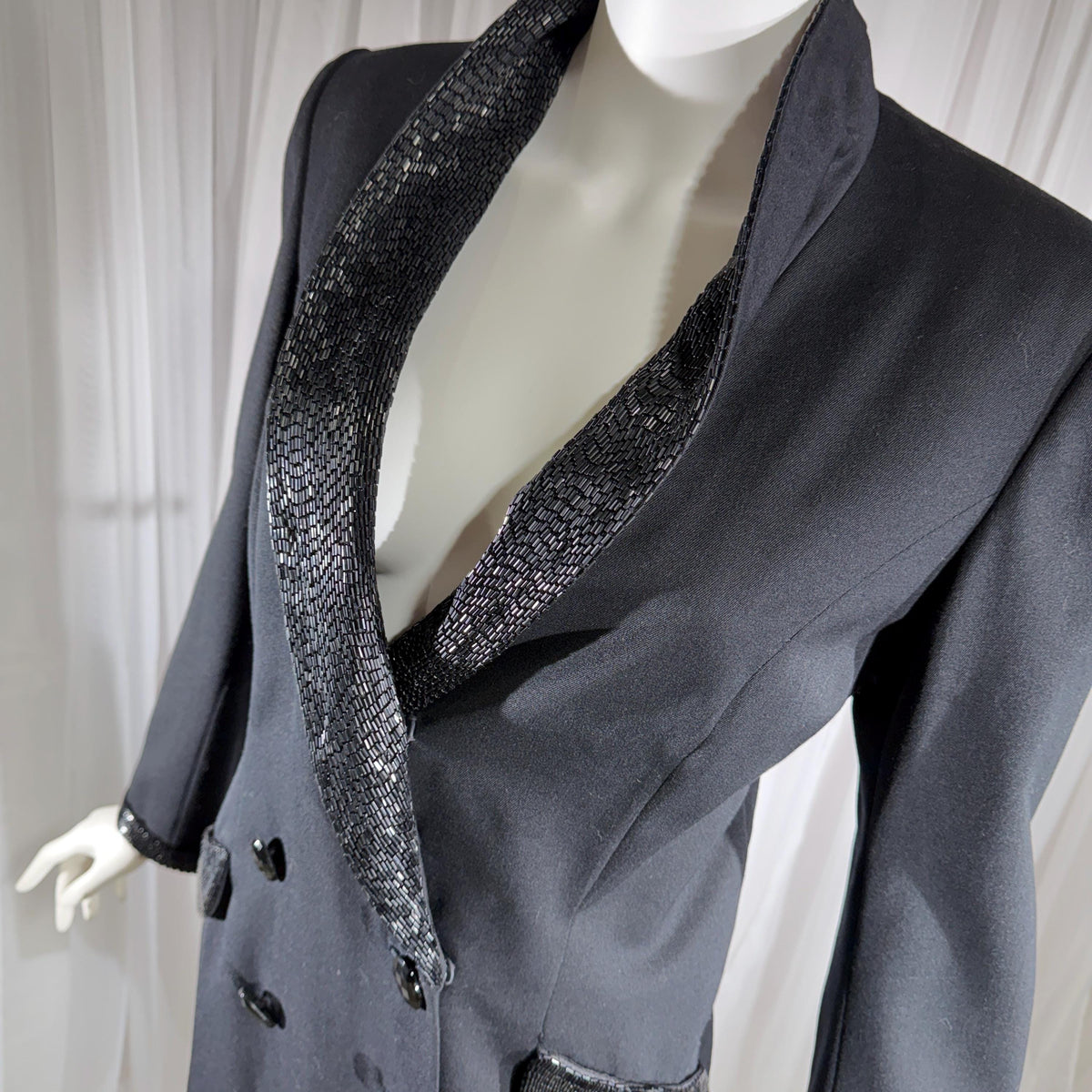 vintage BOB MACKIE coat dress, 1970s black double breasted beaded evening dinner coat