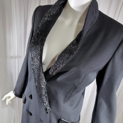 vintage BOB MACKIE coat dress, 1970s black double breasted beaded evening dinner coat