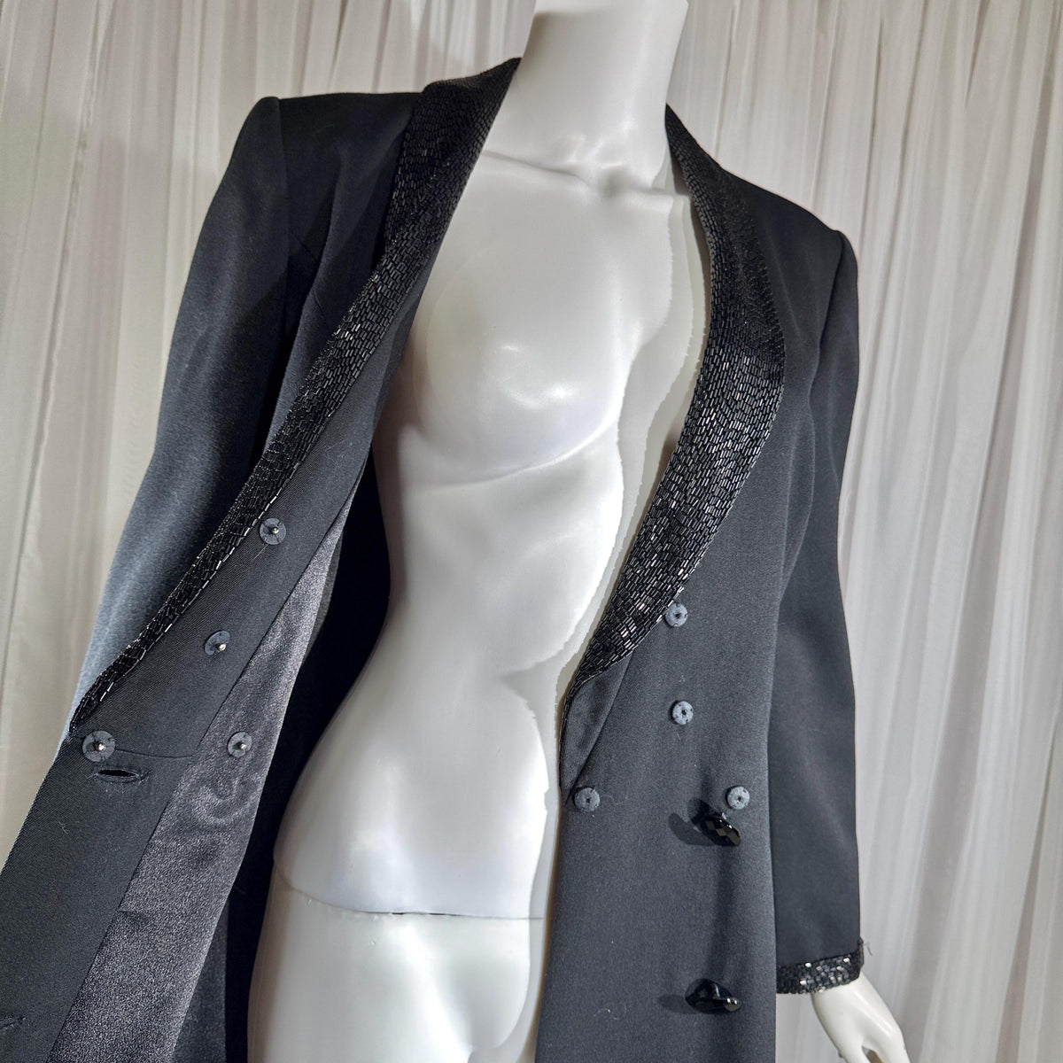 vintage BOB MACKIE coat dress, 1970s black double breasted beaded evening dinner coat