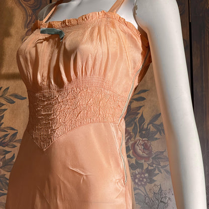 vintage 1930s nightgown, Peach Smocked Bias cut lingerie dress zipper side