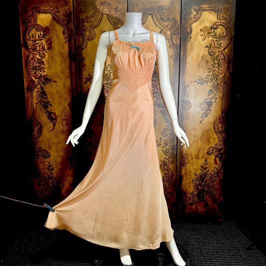 vintage 1930s nightgown, Peach Smocked Bias cut lingerie dress zipper side