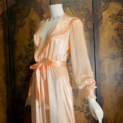 vintage 1940s Dressing Gown Robe, TULA Frederick Nelson Peach Rayon Lingerie Housecoat