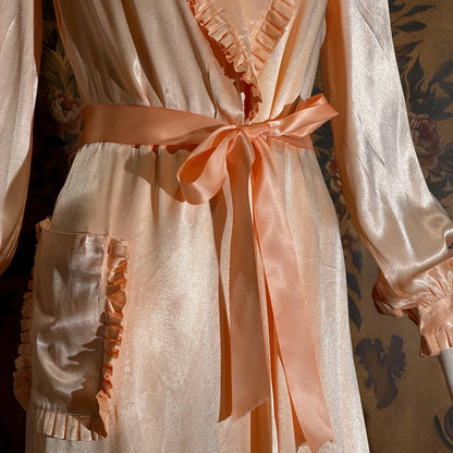 vintage 1940s Dressing Gown Robe, TULA Frederick Nelson Peach Rayon Lingerie Housecoat