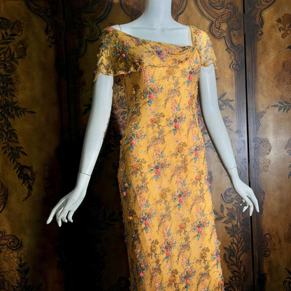 Vintage 1990s VICTORIA ROYAL Slip Dress, Peach floral bias cut silk beaded sheath gown