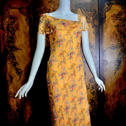 Vintage 1990s VICTORIA ROYAL Slip Dress, Peach floral bias cut silk beaded sheath gown