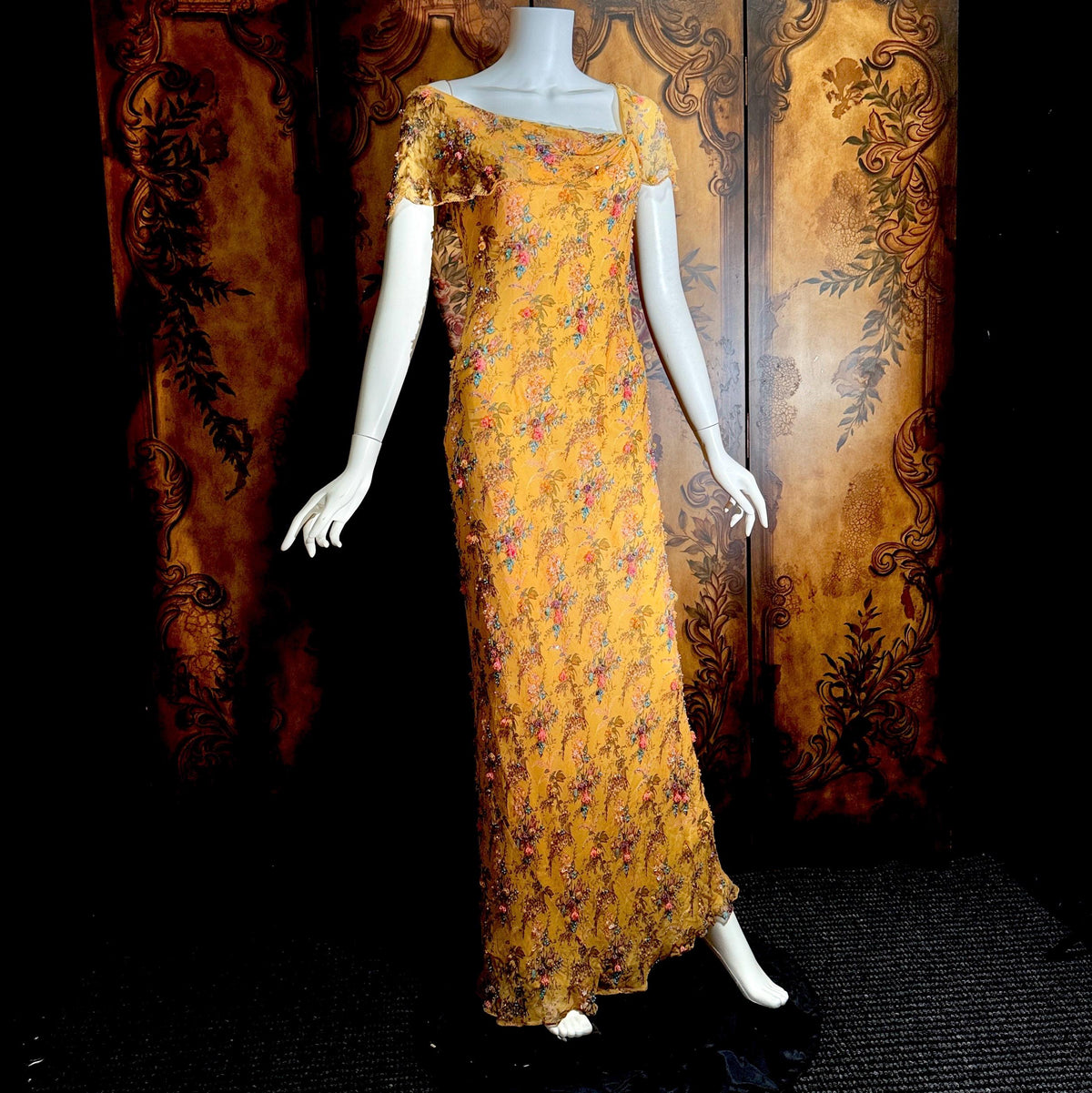 Vintage 1990s VICTORIA ROYAL Slip Dress, Peach floral bias cut silk beaded sheath gown