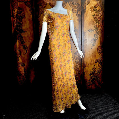Vintage 1990s VICTORIA ROYAL Slip Dress, Peach floral bias cut silk beaded sheath gown