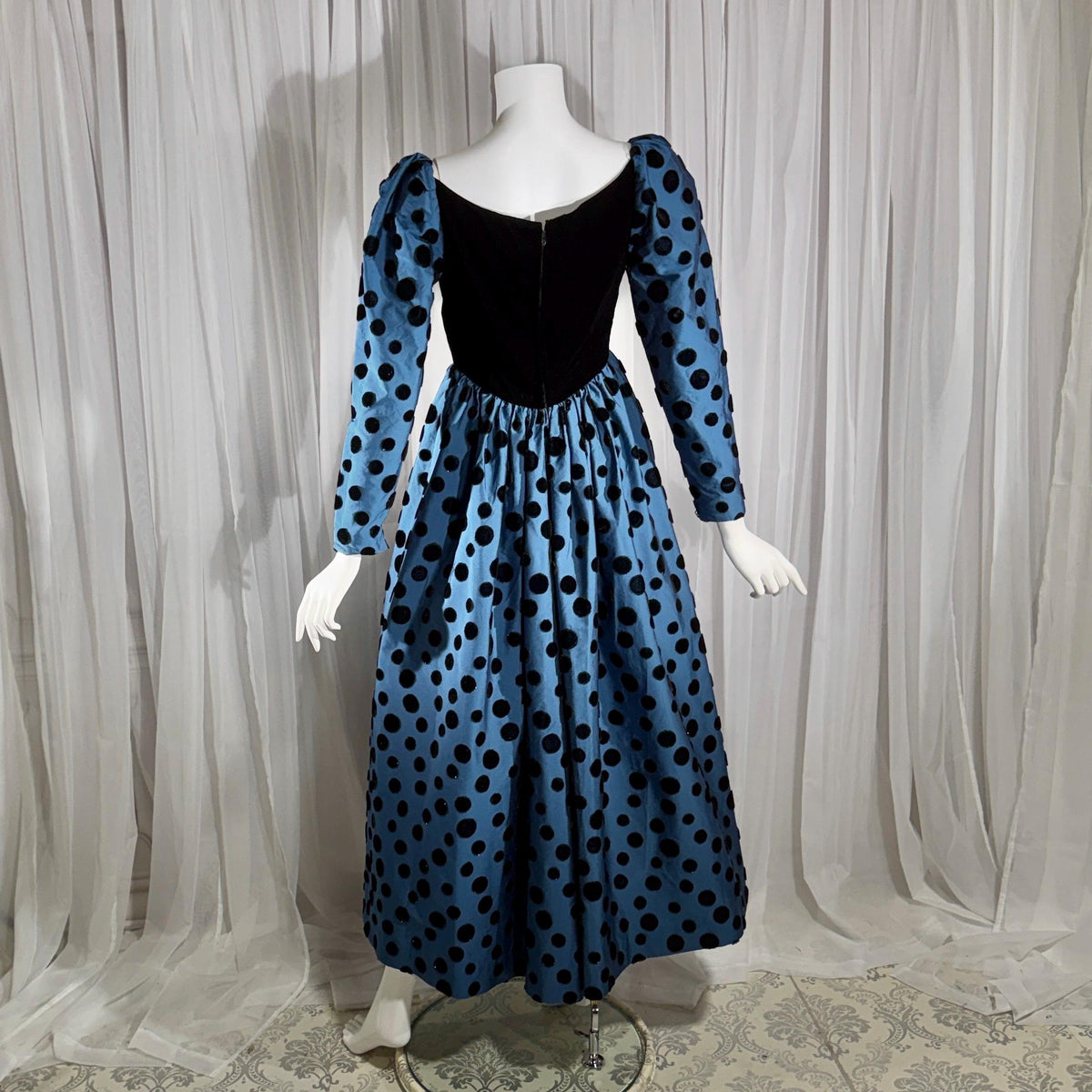 ADELE SIMPSON vintage 1960s evening dress, steel blue taffeta with black velvet flocked polka dots