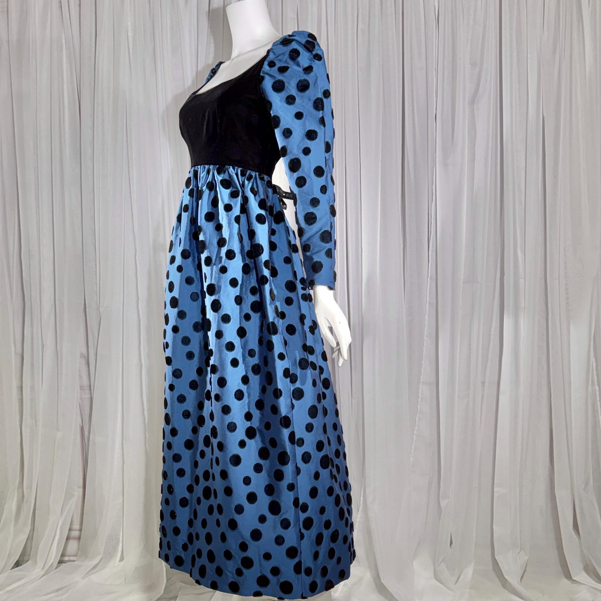 ADELE SIMPSON vintage 1960s evening dress, steel blue taffeta with black velvet flocked polka dots