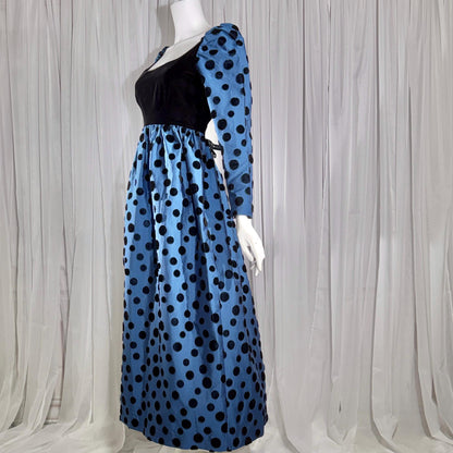 ADELE SIMPSON vintage 1960s evening dress, steel blue taffeta with black velvet flocked polka dots