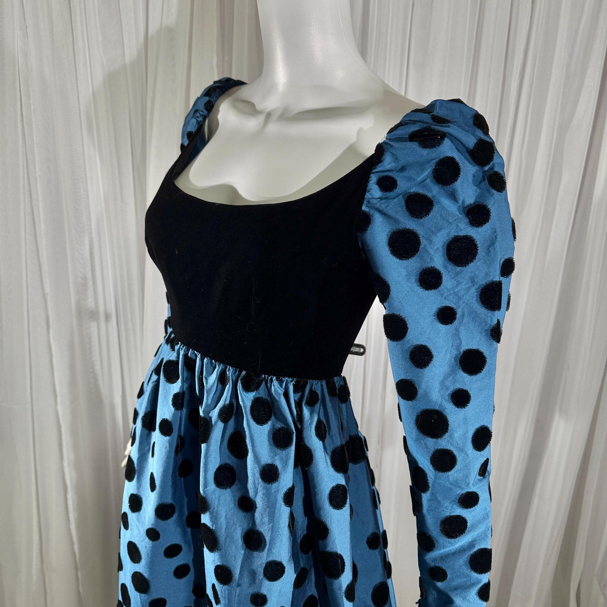 ADELE SIMPSON vintage 1960s evening dress, steel blue taffeta with black velvet flocked polka dots