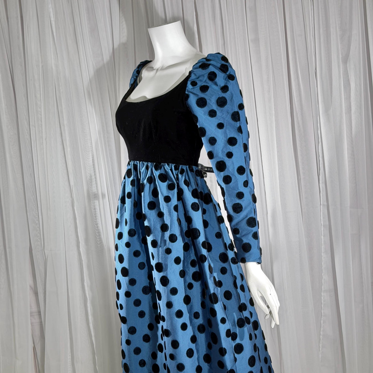ADELE SIMPSON vintage 1960s evening dress, steel blue taffeta with black velvet flocked polka dots