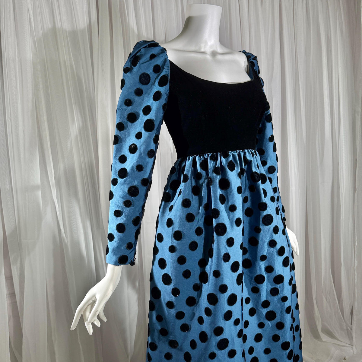 ADELE SIMPSON vintage 1960s evening dress, steel blue taffeta with black velvet flocked polka dots
