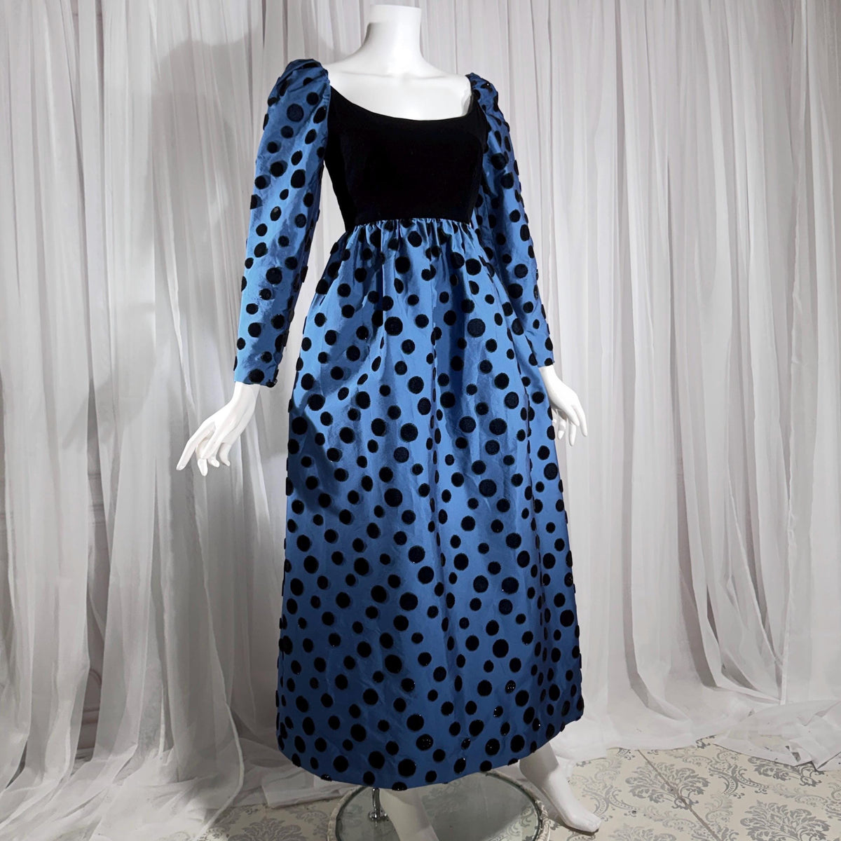 ADELE SIMPSON vintage 1960s evening dress, steel blue taffeta with black velvet flocked polka dots