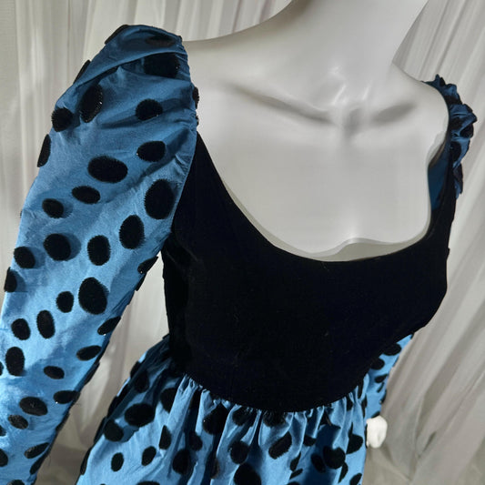 ADELE SIMPSON vintage 1960s evening dress, steel blue taffeta with black velvet flocked polka dots