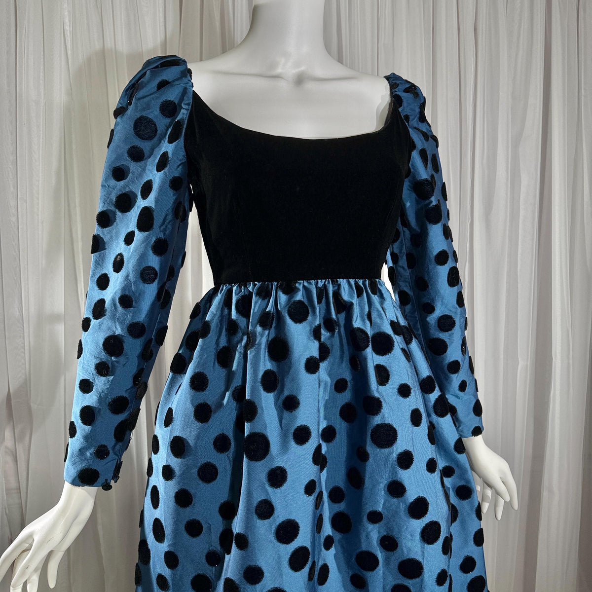 ADELE SIMPSON vintage 1960s evening dress, steel blue taffeta with black velvet flocked polka dots