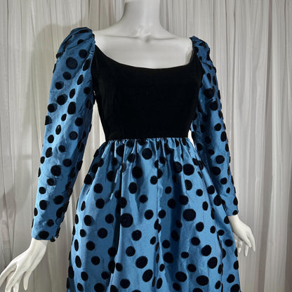 ADELE SIMPSON vintage 1960s evening dress, steel blue taffeta with black velvet flocked polka dots
