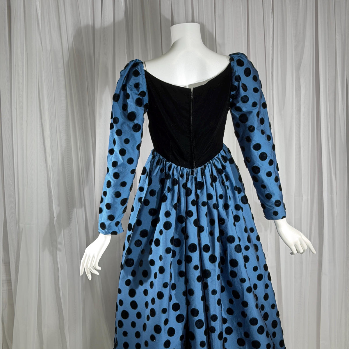 ADELE SIMPSON vintage 1960s evening dress, steel blue taffeta with black velvet flocked polka dots