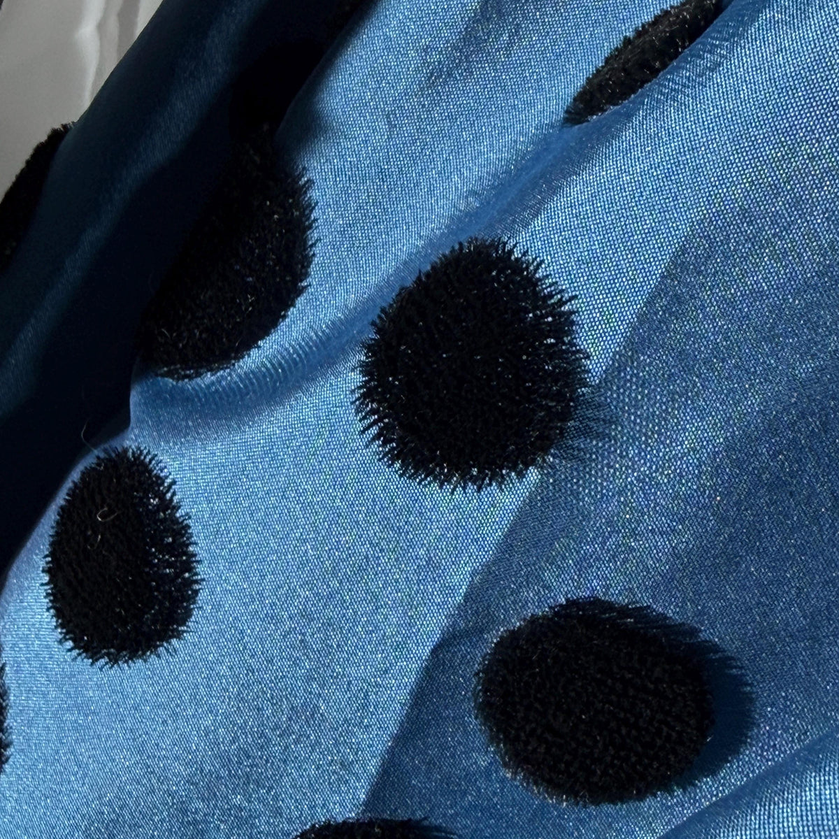 ADELE SIMPSON vintage 1960s evening dress, steel blue taffeta with black velvet flocked polka dots