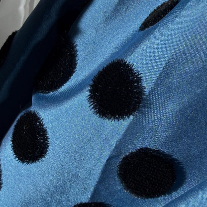 ADELE SIMPSON vintage 1960s evening dress, steel blue taffeta with black velvet flocked polka dots