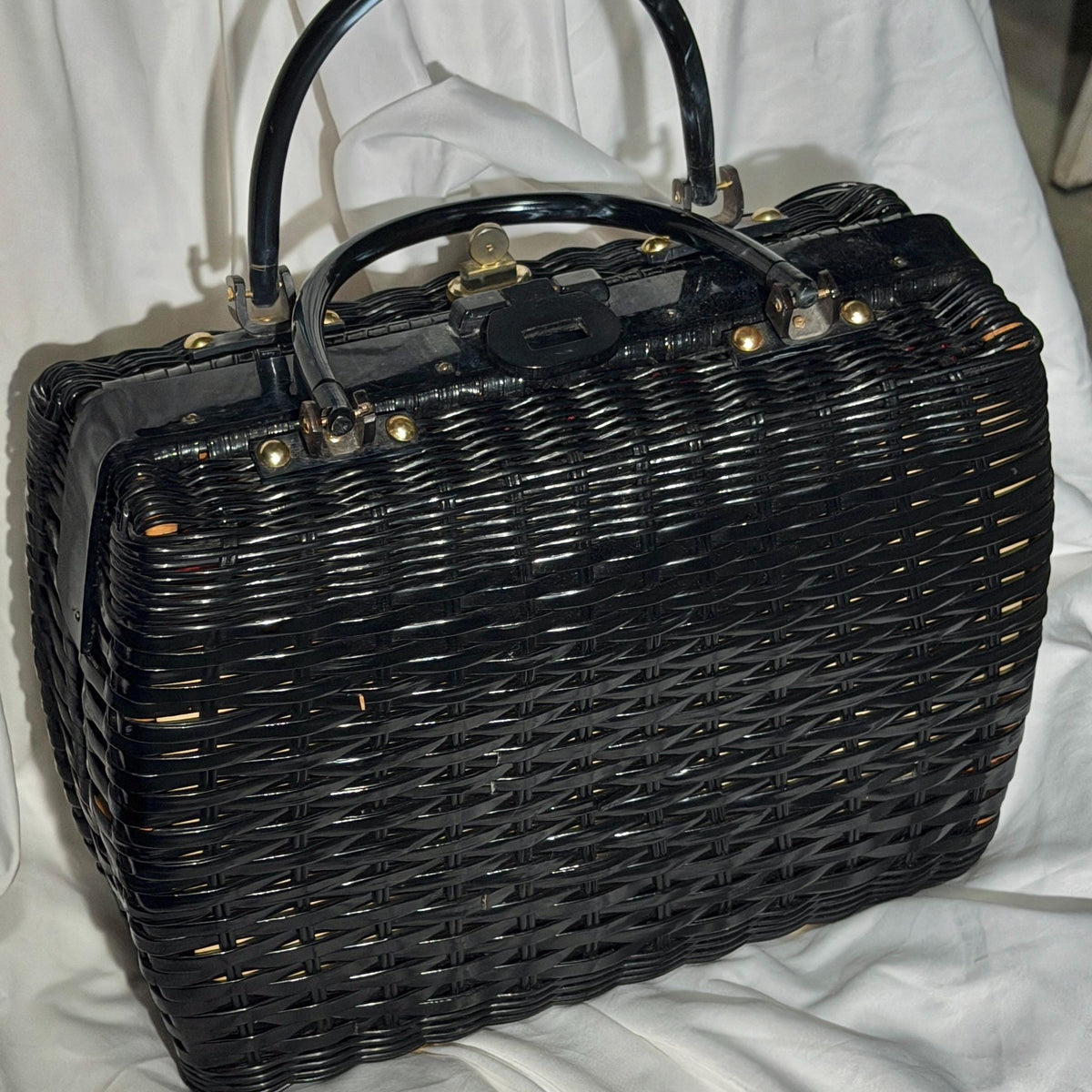 vintage 1950s Princess Charming Poodle purse, ATLAS Hollywood Florida black wicker box purse