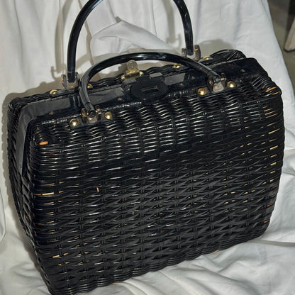 vintage 1950s Princess Charming Poodle purse, ATLAS Hollywood Florida black wicker box purse