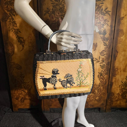 vintage 1950s Princess Charming Poodle purse, ATLAS Hollywood Florida black wicker box purse