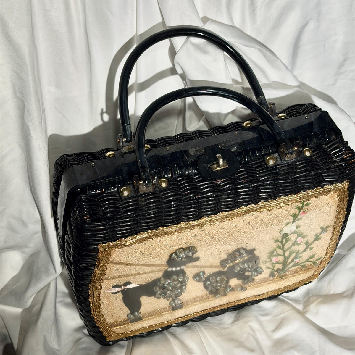 vintage 1950s Princess Charming Poodle purse, ATLAS Hollywood Florida black wicker box purse