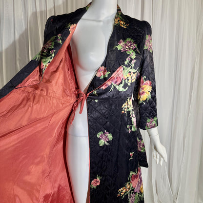 Vintage Dressing Gown Robe, 1940s Black Floral Quilted Satin Housecoat