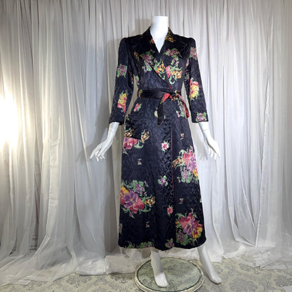 Vintage Dressing Gown Robe, 1940s Black Floral Quilted Satin Housecoat