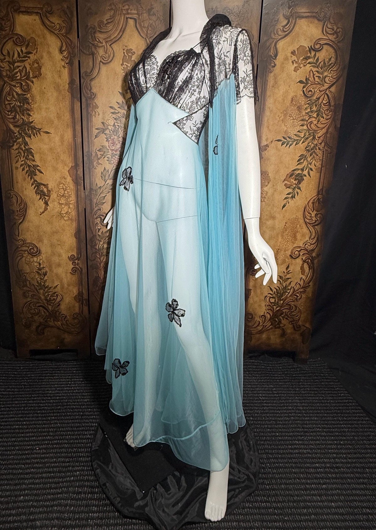 Vintage LUCIE ANN nightgown robe set, 1950s Totally Sheer blue and black peignoir lingerie slip dress
