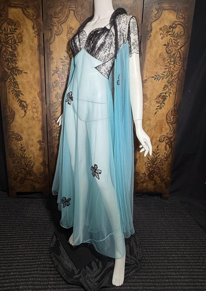 Vintage LUCIE ANN nightgown robe set, 1950s Totally Sheer blue and black peignoir lingerie slip dress