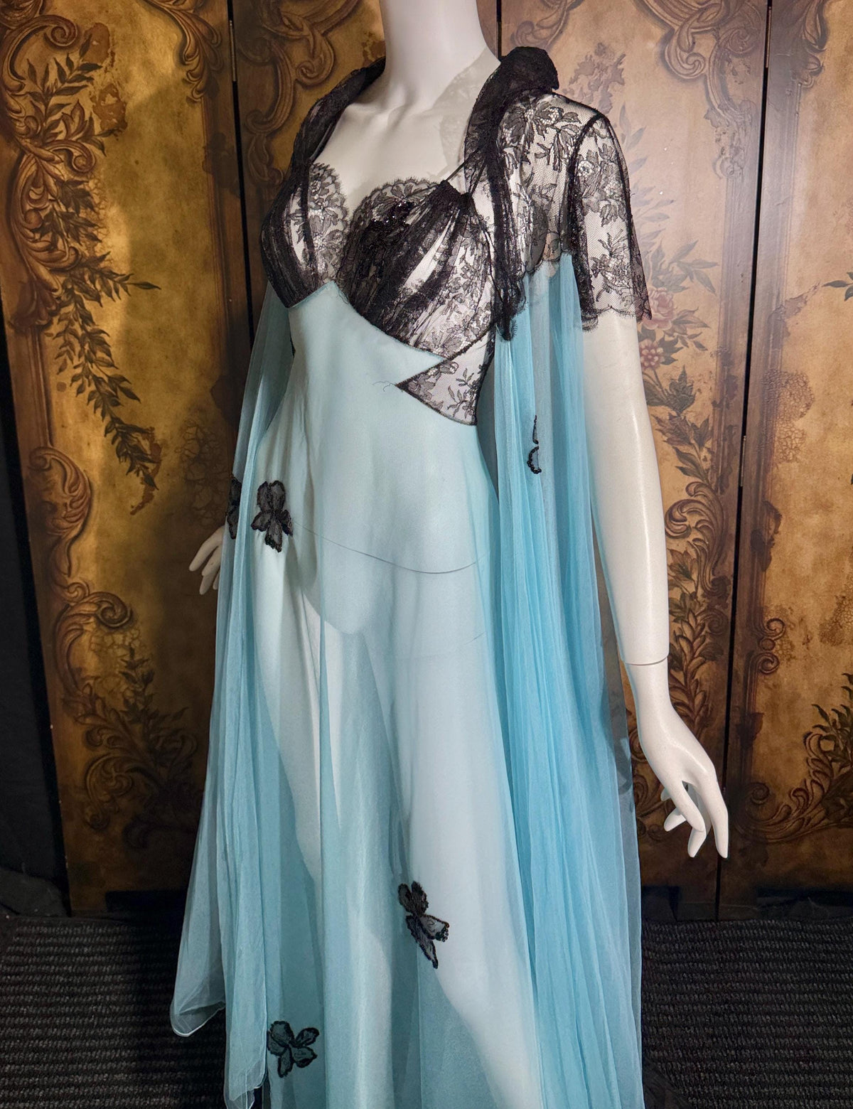 Vintage LUCIE ANN nightgown robe set, 1950s Totally Sheer blue and black peignoir lingerie slip dress