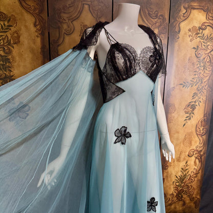 Vintage LUCIE ANN nightgown robe set, 1950s Totally Sheer blue and black peignoir lingerie slip dress