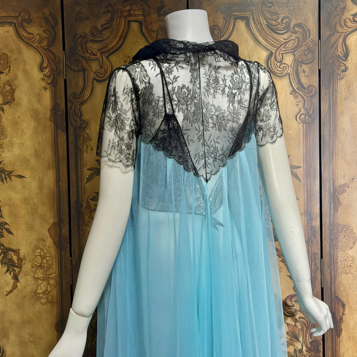 Vintage LUCIE ANN nightgown robe set, 1950s Totally Sheer blue and black peignoir lingerie slip dress
