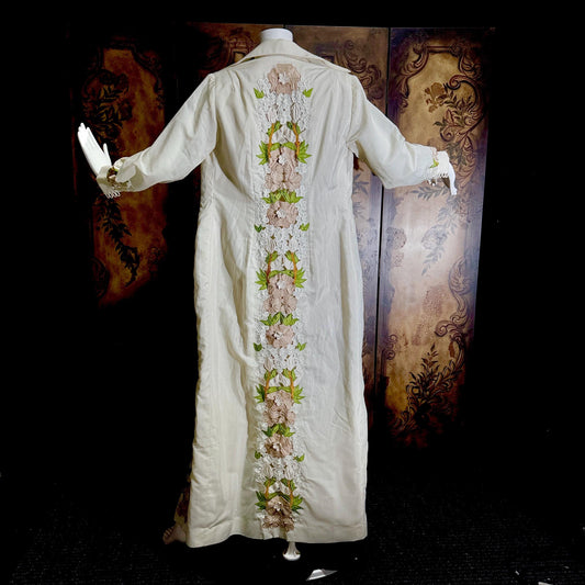 vintage 1970s TESORO'S caftan maxi dress, Off white embroidered floral shift dress evening wedding coat