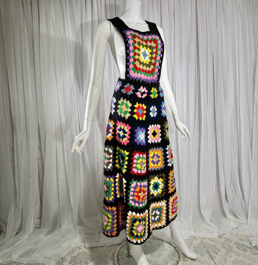 vintage 1960s Granny Square Jumper dress, Handmade heavy acrylic yarn bibbed skirt