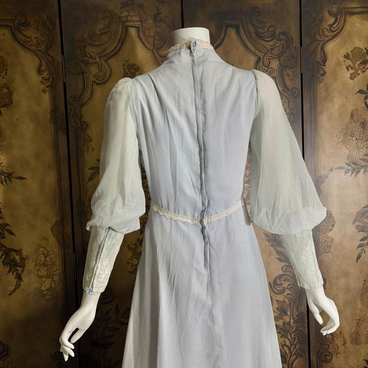 vintage GUNNE SAX romantic prairie maxi dress, 1970s Powder Blue Edwardian Revival boho dress