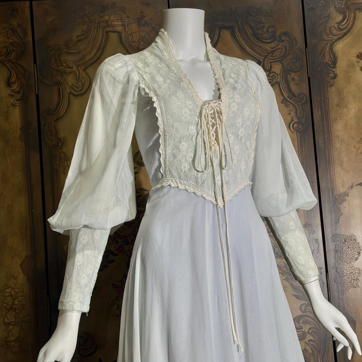 vintage GUNNE SAX romantic prairie maxi dress, 1970s Powder Blue Edwardian Revival boho dress