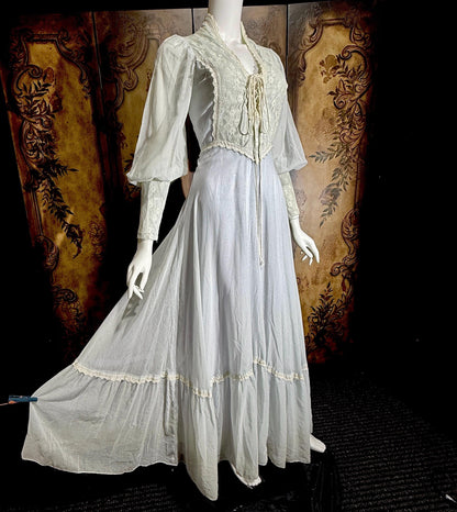 vintage GUNNE SAX romantic prairie maxi dress, 1970s Powder Blue Edwardian Revival boho dress